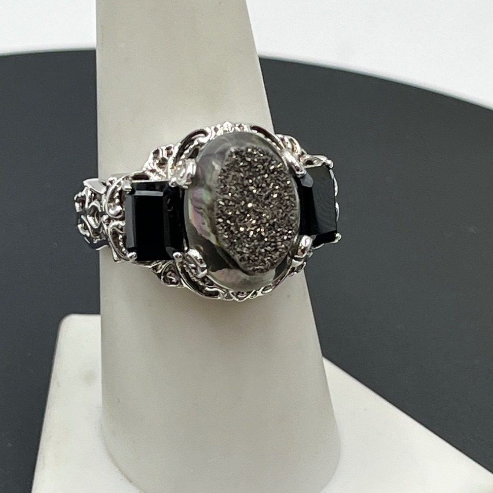Sterling silver Black Onyx Center Druzy Art Deco Gothic Statement ring